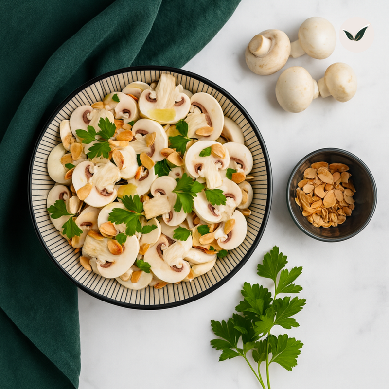 Salade de champignons au yuzu et aux amandes grillées