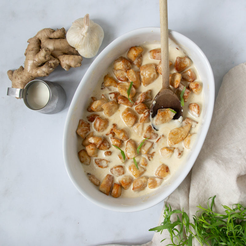 Poulet sauce à l'estragon et penne aux champignons