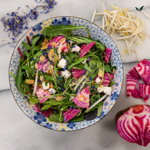 Salade de betteraves chioggia aux pousses d'épinards et à la feta